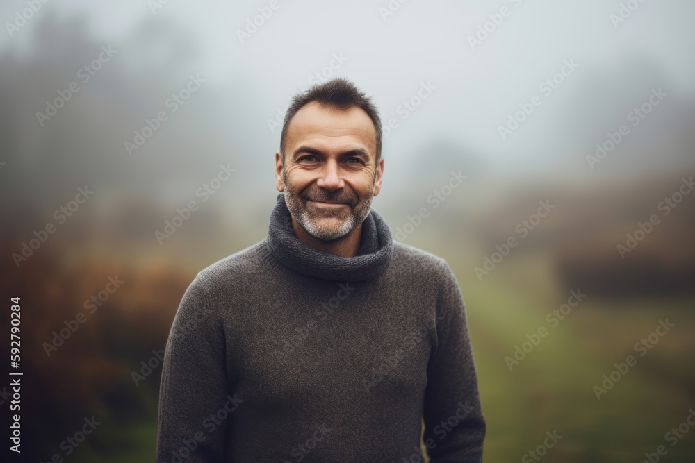 Portrait of a handsome middle-aged man in a sweater standing in a foggy forest.