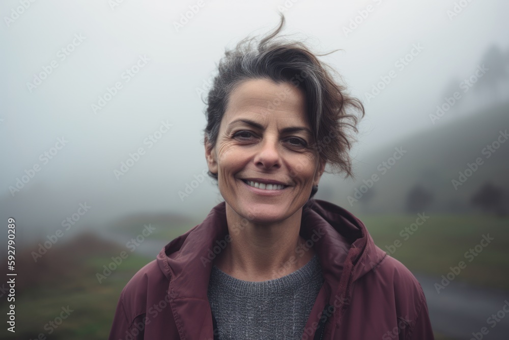 Portrait of a smiling middle-aged woman in a park on a foggy day Portrait of a smiling middle-aged woman in a park on a foggy day