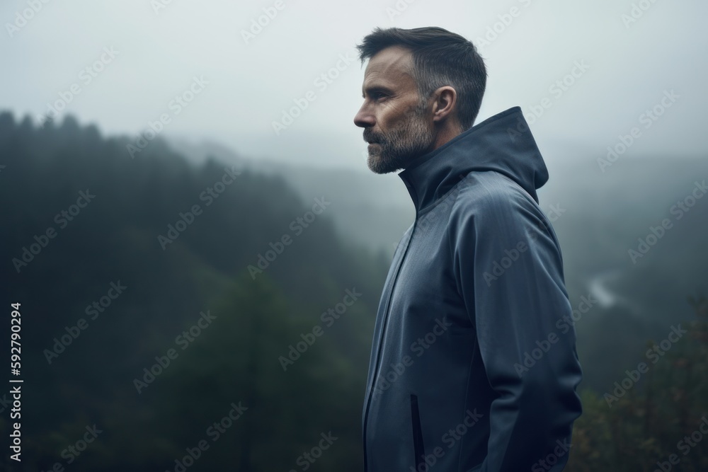Handsome bearded man in a blue jacket on the top of a mountain. Handsome bearded man in a blue jacket on the top of a mountain.