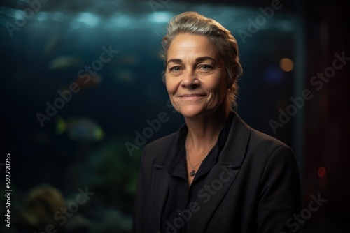 Portrait of a smiling senior woman looking at the camera in an aquarium © Robert MEYNER