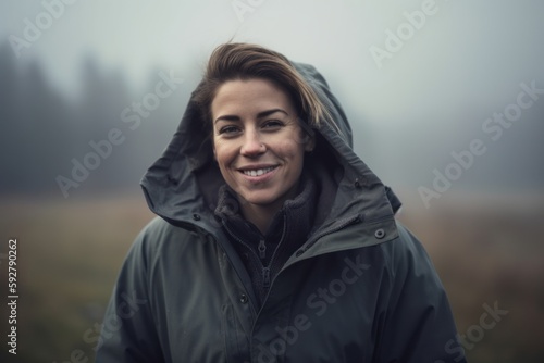 Lifestyle portrait photography of a cheerful woman in her 30s wearing a warm parka against a foggy or misty landscape background. Generative AI