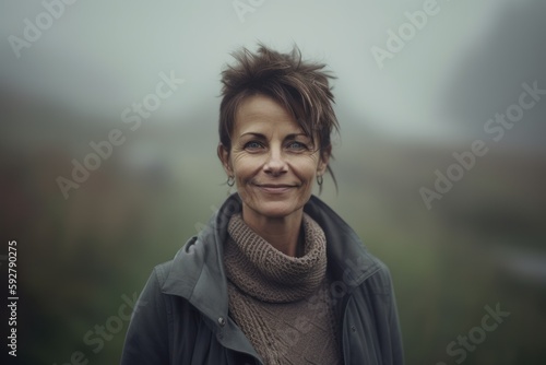 Portrait of a beautiful middle-aged woman on a foggy day