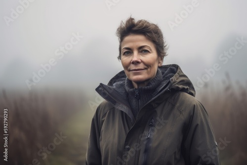 Portrait of a senior woman in a field in the fog.