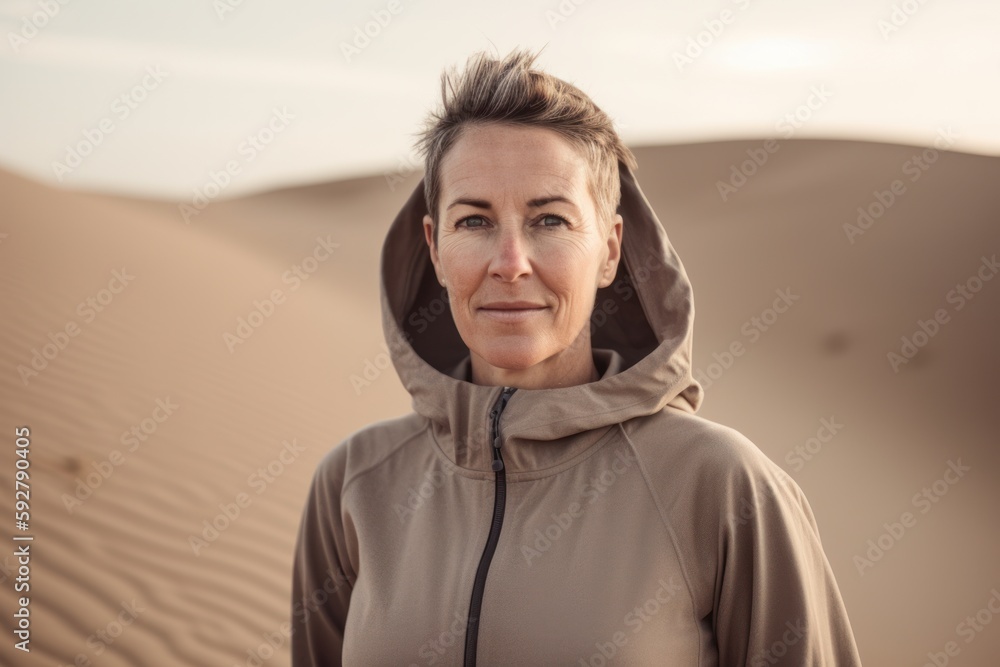 Portrait of middle-aged woman with short hair wearing hoodie in the desert.