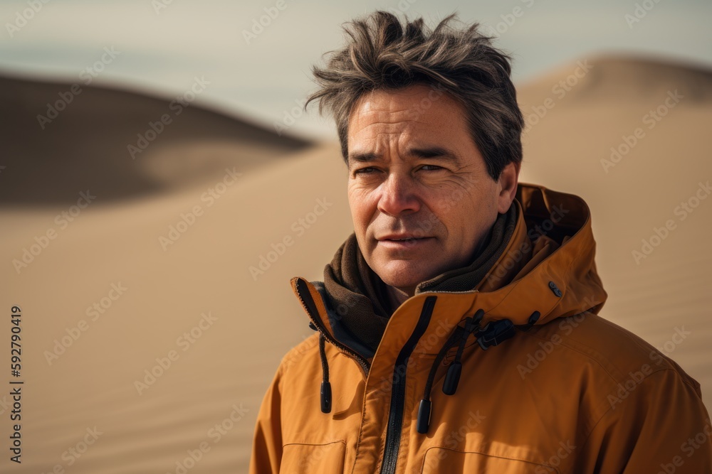 Portrait of a middle-aged man in yellow jacket in the desert. Portrait of a middle-aged man in yellow jacket in the desert.