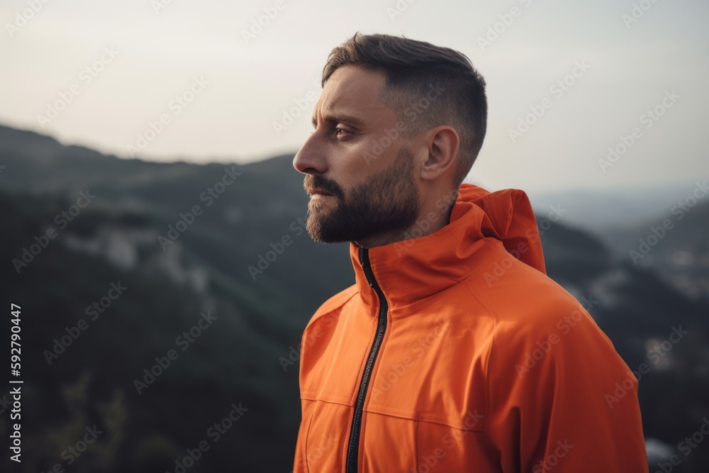Handsome bearded man in orange raincoat standing on top of a mountain and looking away Handsome bearded man in orange raincoat standing on top of a mountain and looking away