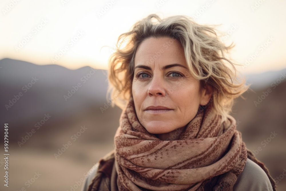 Portrait of a beautiful middle-aged woman with blond hair, wearing a scarf, standing in the desert. Portrait of a beautiful middle-aged woman with blond hair, wearing a scarf, standing in the desert.