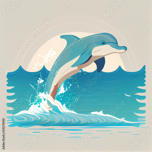 dolphin jumping out of water, vector illustration, flat design style, Generative AI