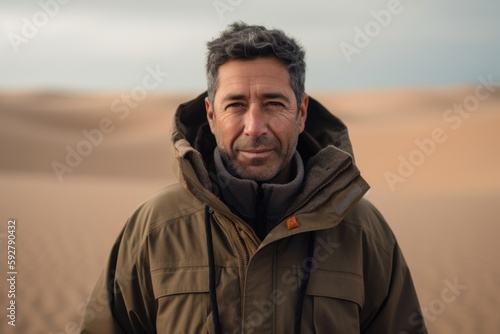 Handsome middle-aged man in the desert of Dubai, United Arab Emirates