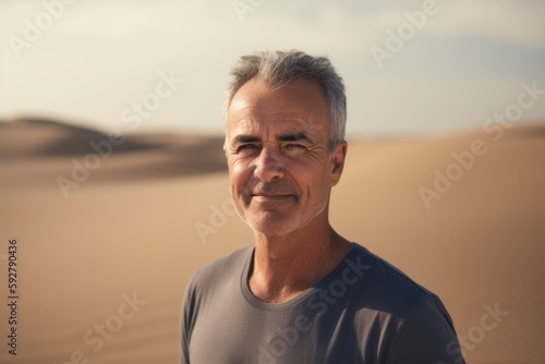 Portrait of senior man standing in the desert and looking at camera