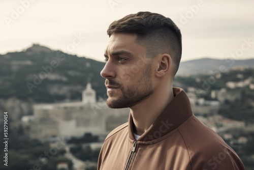 Handsome young man in sportswear looking away while standing on top of the hill