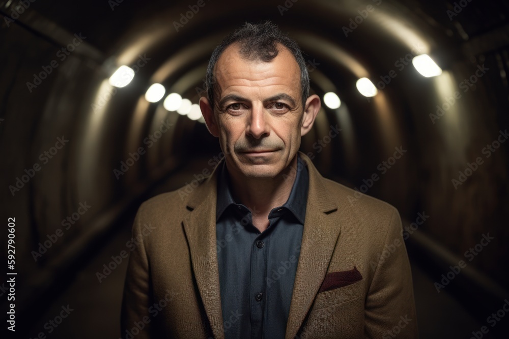 Portrait of a middle-aged man in an underground tunnel. Portrait of a middle-aged man in an underground tunnel.