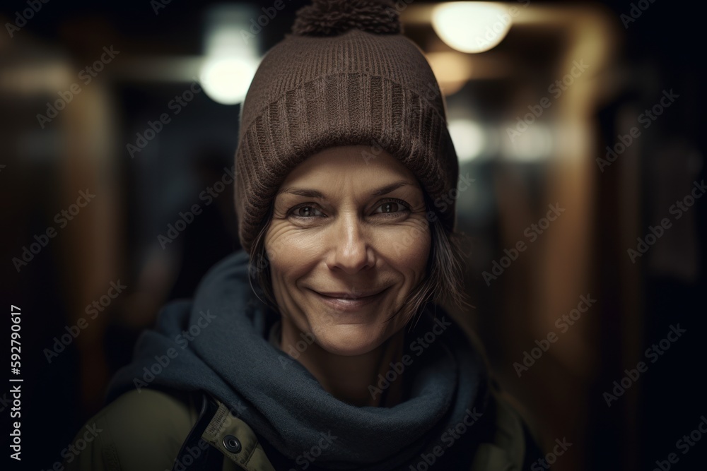 Portrait of a beautiful woman in a warm hat and scarf in the city Portrait of a beautiful woman in a warm hat and scarf in the city