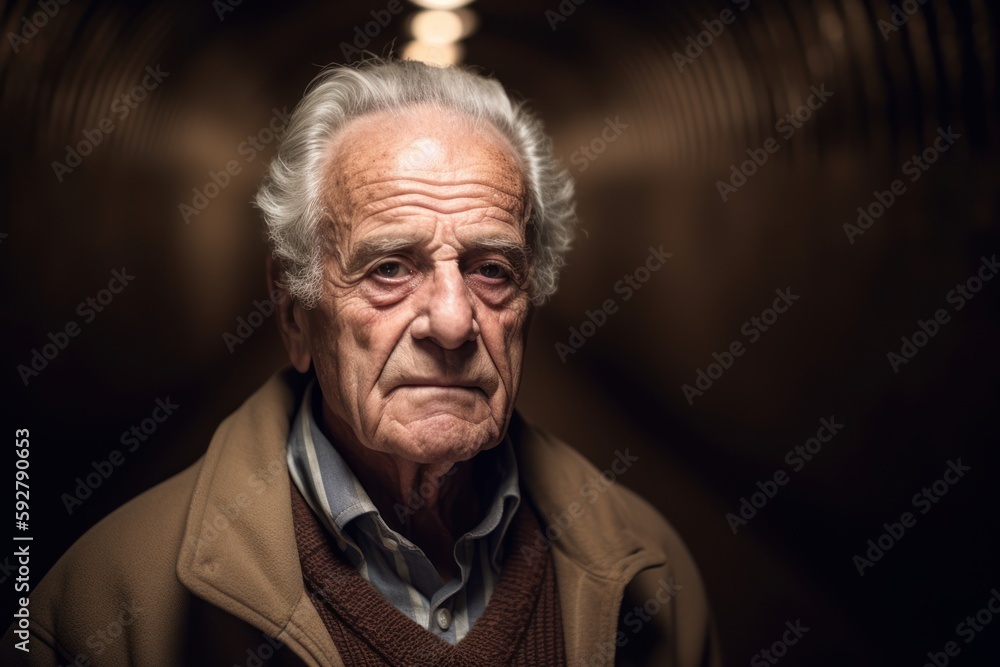 Portrait of an old man with grey hair in a cellar. Portrait of an old man with grey hair in a cellar.
