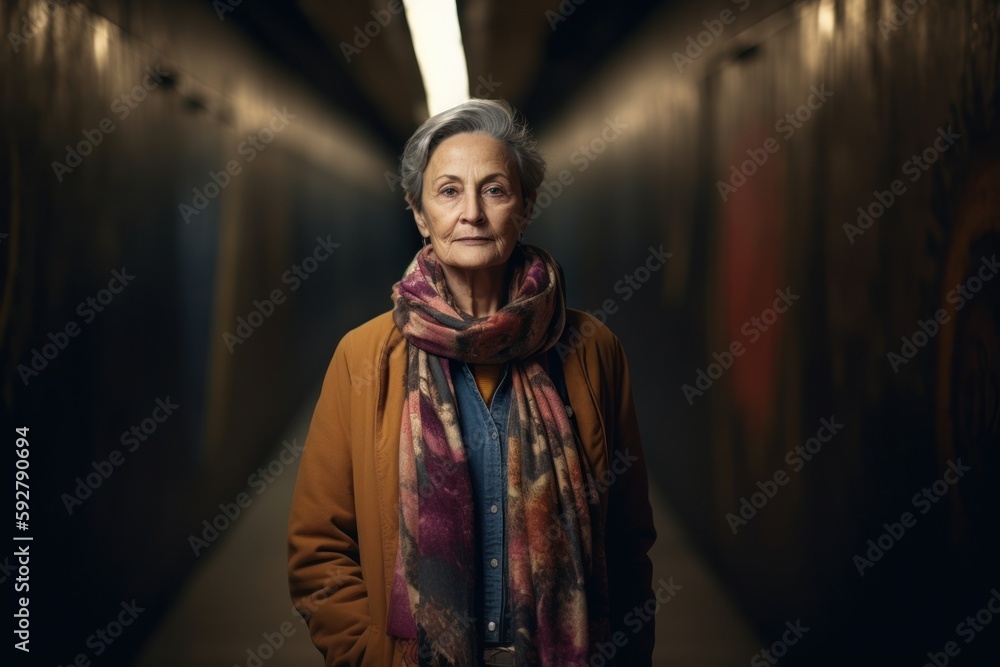 Portrait of a senior woman with scarf and coat in a tunnel
