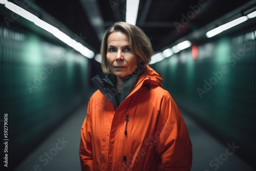 Portrait of a woman in an orange raincoat in an underground passage