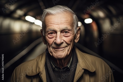 Portrait of an elderly man in a subway station, looking at the camera.