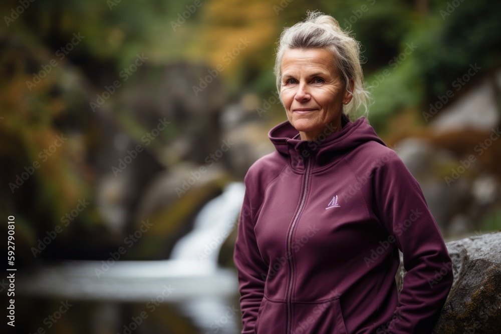 Portrait of smiling senior woman standing in front of waterfall in autumn Portrait of smiling senior woman standing in front of waterfall in autumn