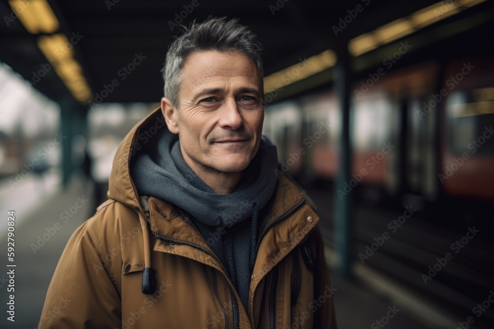 Portrait of a handsome mature man at the train station in winter Portrait of a handsome mature man at the train station in winter