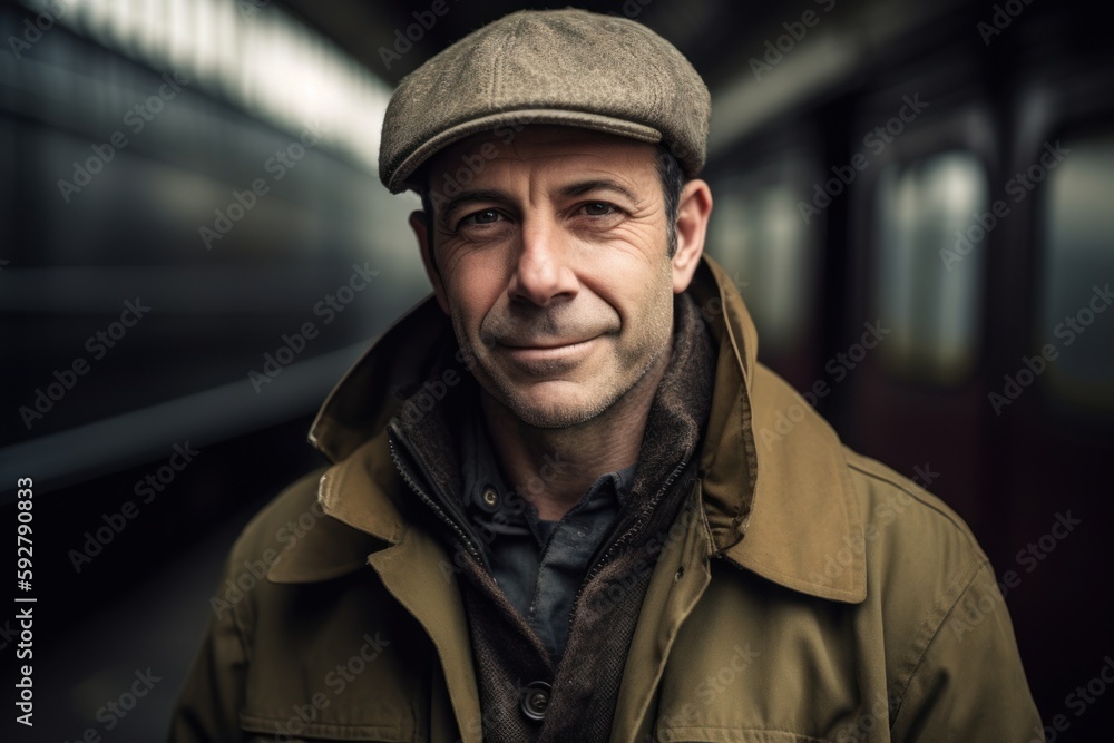 Environmental portrait photography of a pleased man in his 40s wearing a warm parka against a vintage train or railway background. Generative AI