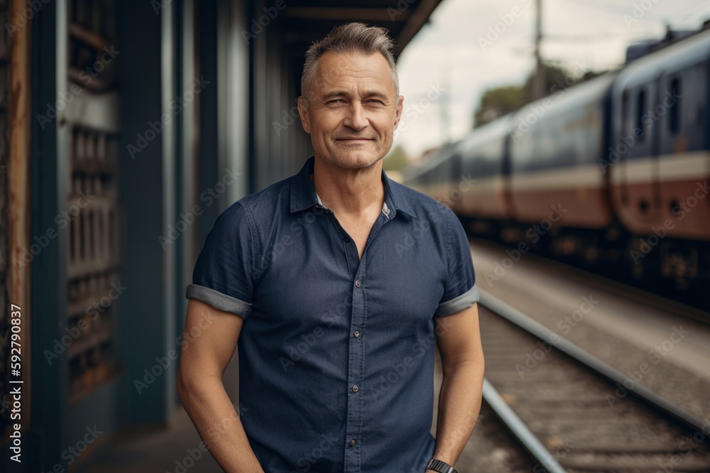 Portrait of a handsome mature man standing in front of a train Portrait of a handsome mature man standing in front of a train