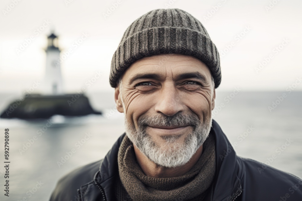 Portrait of a smiling senior man standing in front of a lighthouse Portrait of a smiling senior man standing in front of a lighthouse
