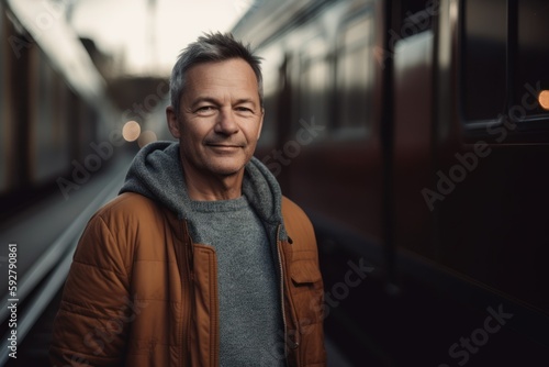 Portrait of a handsome mature man on the platform of a train station