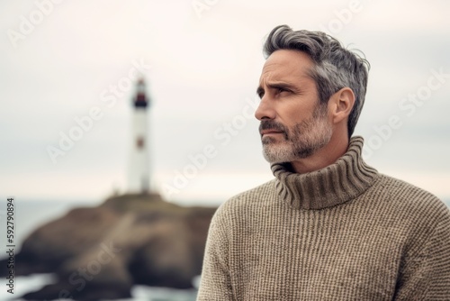 Handsome mature man with grey hair and beard wearing sweater standing near the lighthouse, looking away