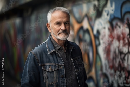 Portrait of a handsome senior man with grey hair and beard standing in front of graffiti wall