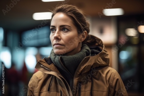 Portrait of beautiful young woman in winter jacket looking at camera.