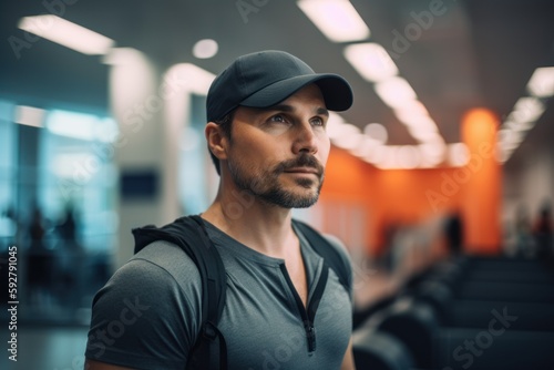 Pet portrait photography of a satisfied man in his 30s wearing a cool cap or hat against a gym or fitness center background. Generative AI © Robert MEYNER