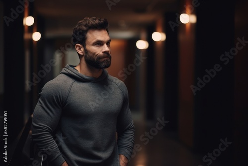 Portrait of a handsome bearded man in sportswear looking away