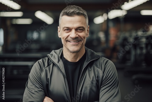 Handsome middle-aged man in sportswear smiling at camera while standing in gym