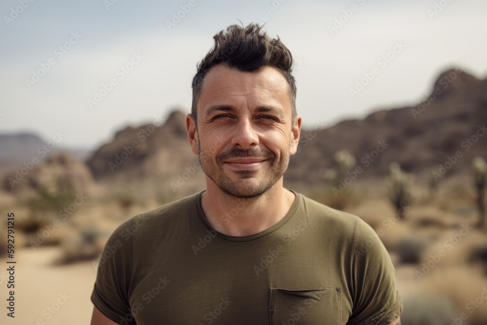 Portrait of a smiling man standing in the middle of the desert Portrait of a smiling man standing in the middle of the desert