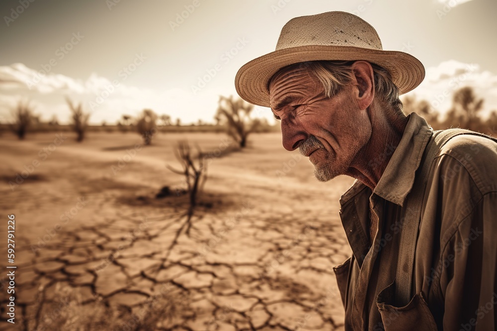The farmer somber and despairing expression on their face. A farm under drought, barren scorched fields as far as the eye can see. A few diseased crops stick out, twisted and dying. Generative AI