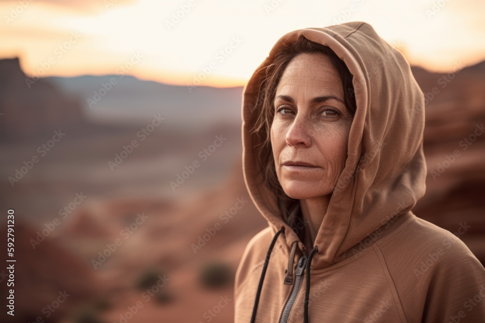 Portrait of a mature woman wearing hooded sweatshirt in the desert Portrait of a mature woman wearing hooded sweatshirt in the desert