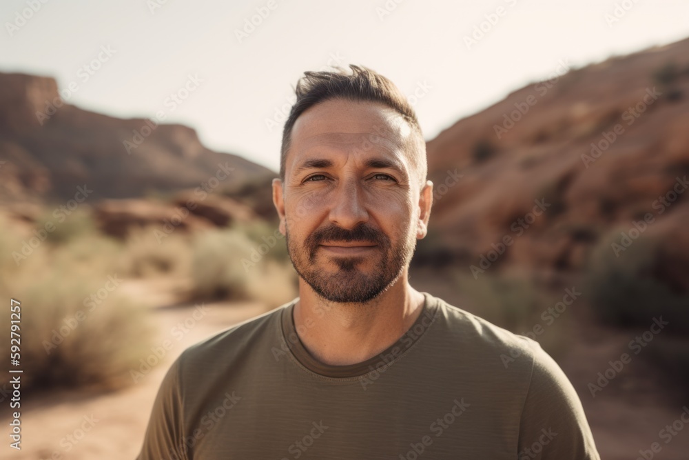 Portrait of a smiling man standing in the desert looking at camera Portrait of a smiling man standing in the desert looking at camera