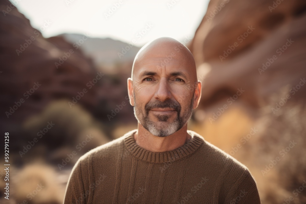 Portrait of a middle-aged bald man in the desert. Portrait of a middle-aged bald man in the desert.