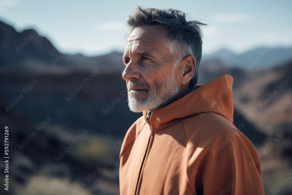 Medium shot portrait photography of a pleased man in his 50s wearing a comfortable tracksuit against a canyon or desert landscape background. Generative AI Medium shot portrait photography of a pleased man in his 50s wearing a comfortable tracksuit against a canyon or desert landscape background. Generative AI