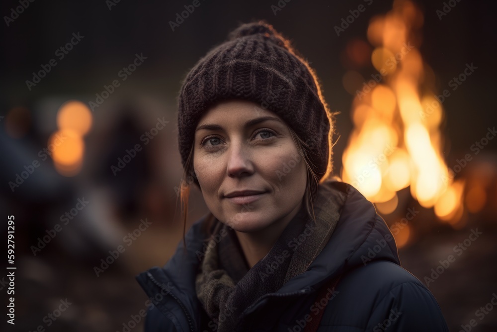 Portrait of a woman in front of a bonfire at night