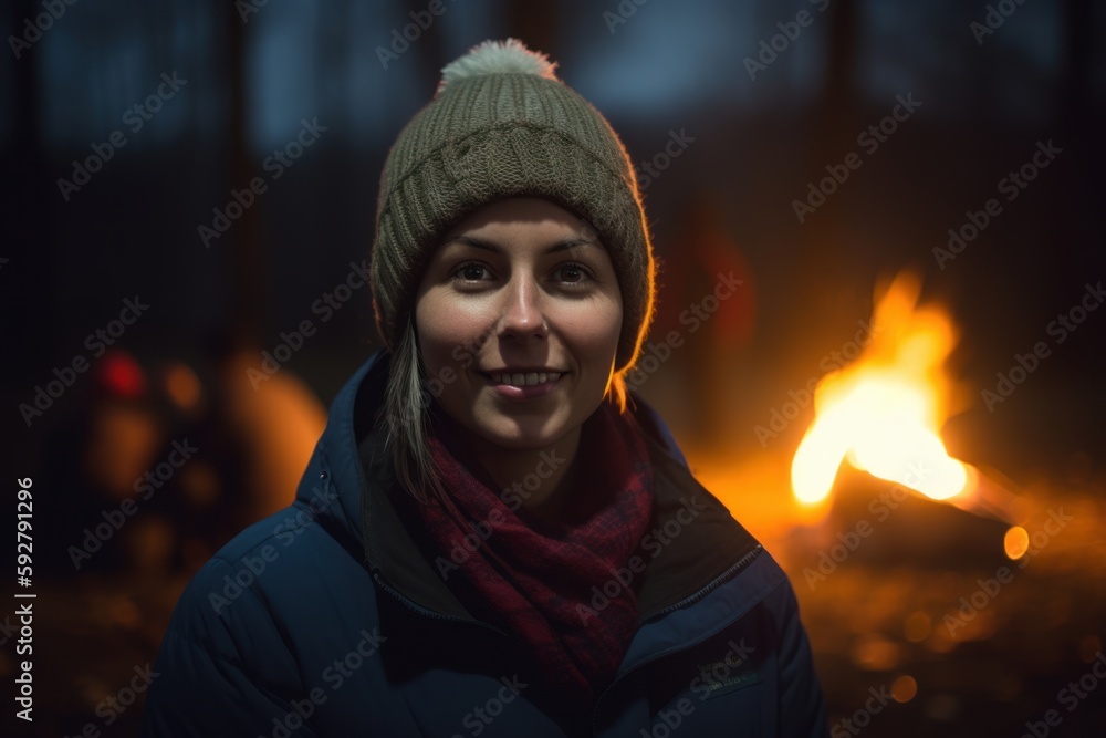 Portrait of young woman standing near bonfire in forest at night Portrait of young woman standing near bonfire in forest at night
