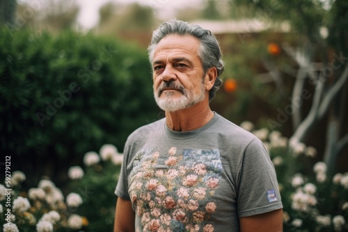 Portrait of a senior man with grey hair and beard in the garden
