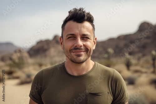 Portrait of a smiling man standing in the middle of the desert © Robert MEYNER
