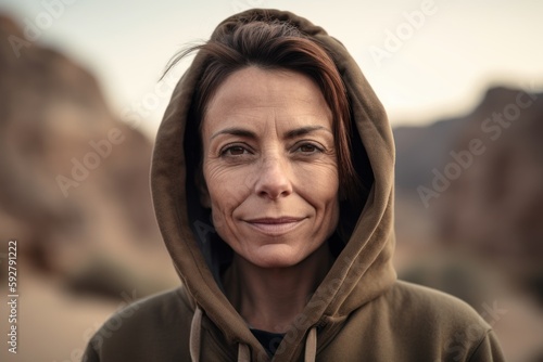 Portrait of a middle-aged woman wearing a hooded sweatshirt