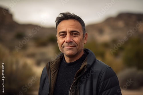 Environmental portrait photography of a pleased man in his 40s wearing a cozy sweater against a canyon or desert landscape background. Generative AI