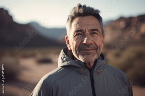 Portrait of a smiling senior man in the desert at sunset.
