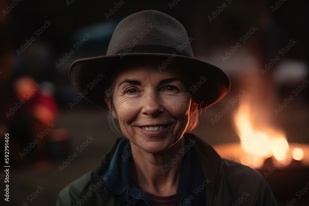 Portrait of smiling middle aged woman in hat and jacket standing near bonfire Portrait of smiling middle aged woman in hat and jacket standing near bonfire