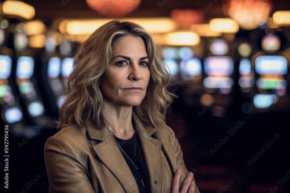 Portrait of mature woman in casino, looking at the camera. Portrait of mature woman in casino, looking at the camera.