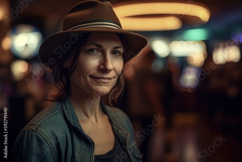 Portrait of a beautiful woman in a hat standing in a cafe