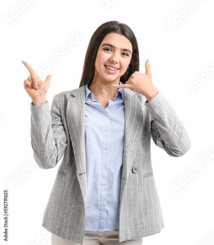 Happy young woman showing "...